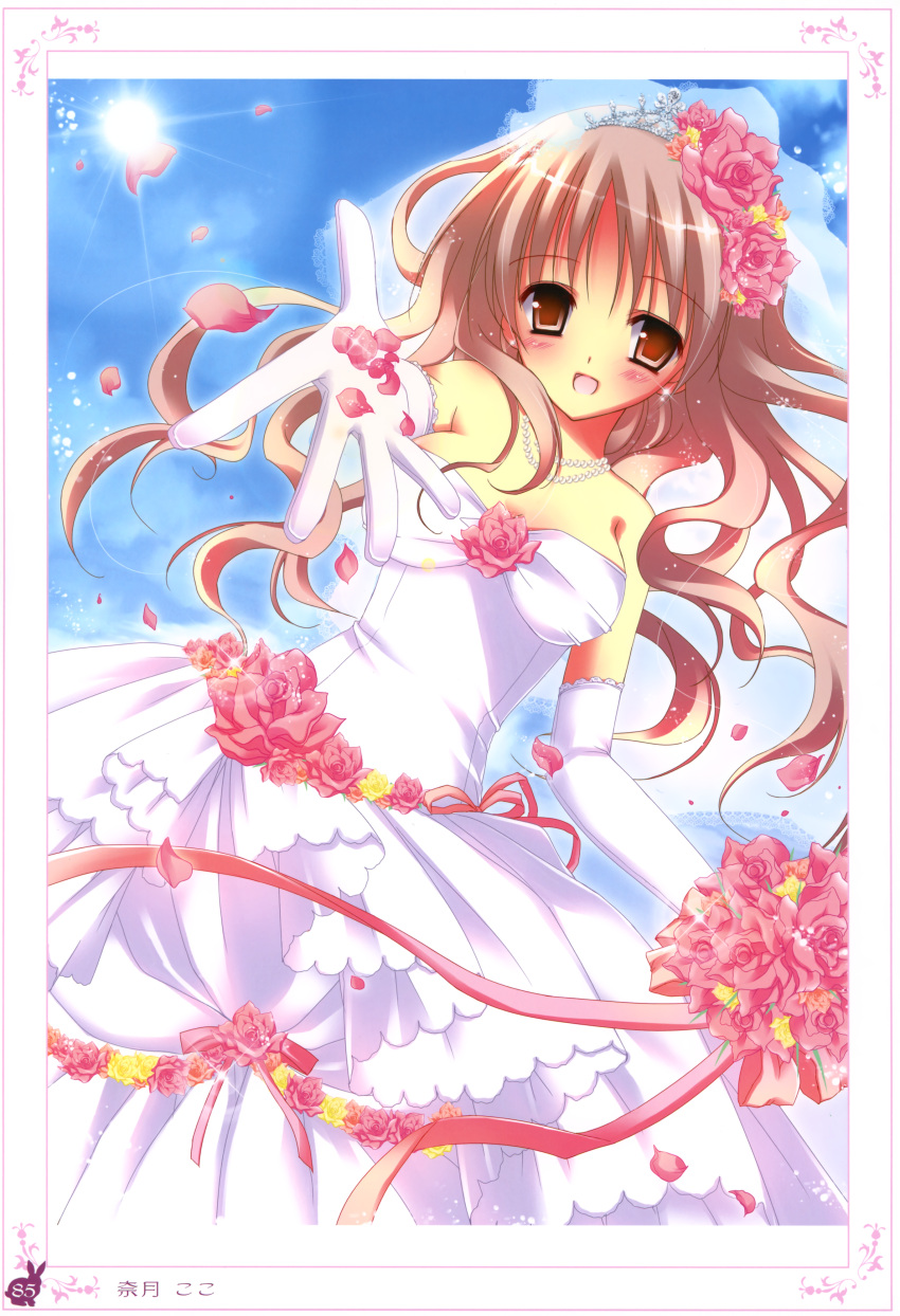 :d absurdres bare_shoulders blush brown_eyes brown_hair copyright_request crown dress elbow_gloves flower gloves highres jewelry long_hair natsuki_coco necklace open_mouth outstretched_hand petals pink_eyes pink_hair rose rose_petals scan sky smile solo sun tiara veil wedding_dress