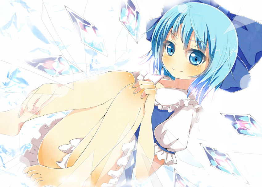 bare_legs barefoot blue_eyes blue_hair blush bow cirno dutch_angle hair_bow ice looking_at_viewer sitting smile solo touhou wings yuimari
