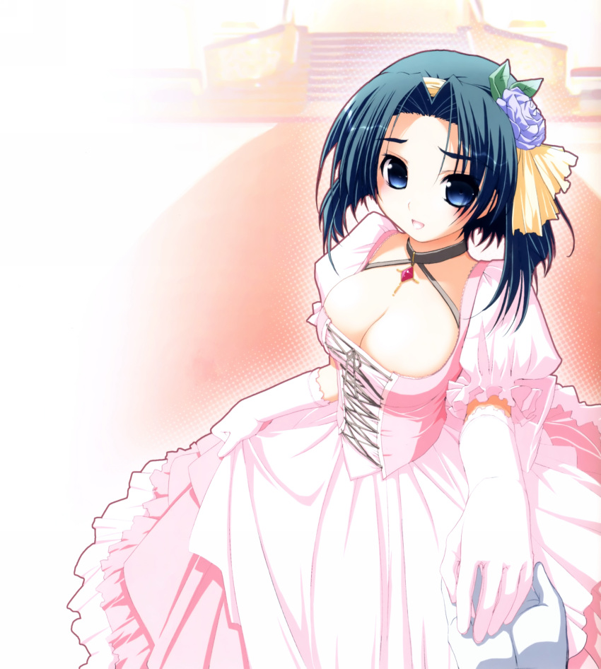 :d absurdres akata_itsuki aqua_hair blue_eyes breasts cleavage dress flower flower_on_head foreshortening gloves hair_flower hair_ornament highres hime-sama_ririshiku! jewelry necklace open_mouth short_hair smile solo wedding_dress