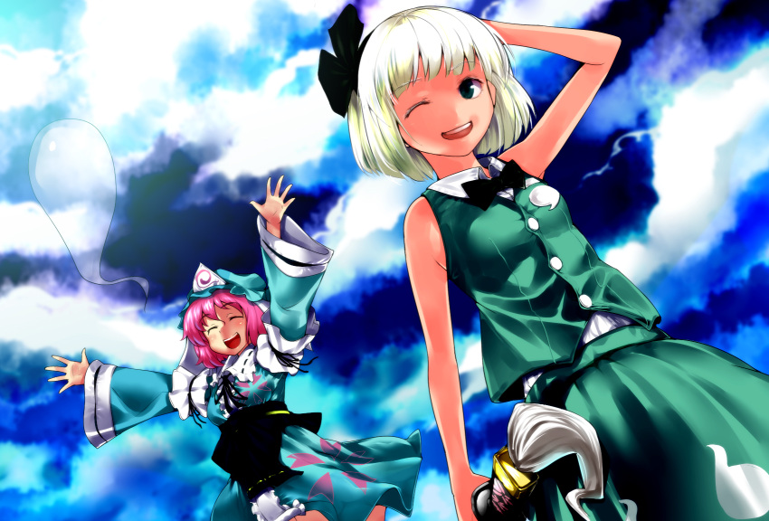 bad_id bowtie closed_eyes eyes_closed green_eyes hair_ribbon hat highres hitodama konpaku_youmu konpaku_youmu_(ghost) kske long_sleeves multiple_girls open_mouth outstretched_arms pink_hair ribbon saigyouji_yuyuko silver_hair sleeveless smile sword touhou triangular_headpiece weapon wide_sleeves wink