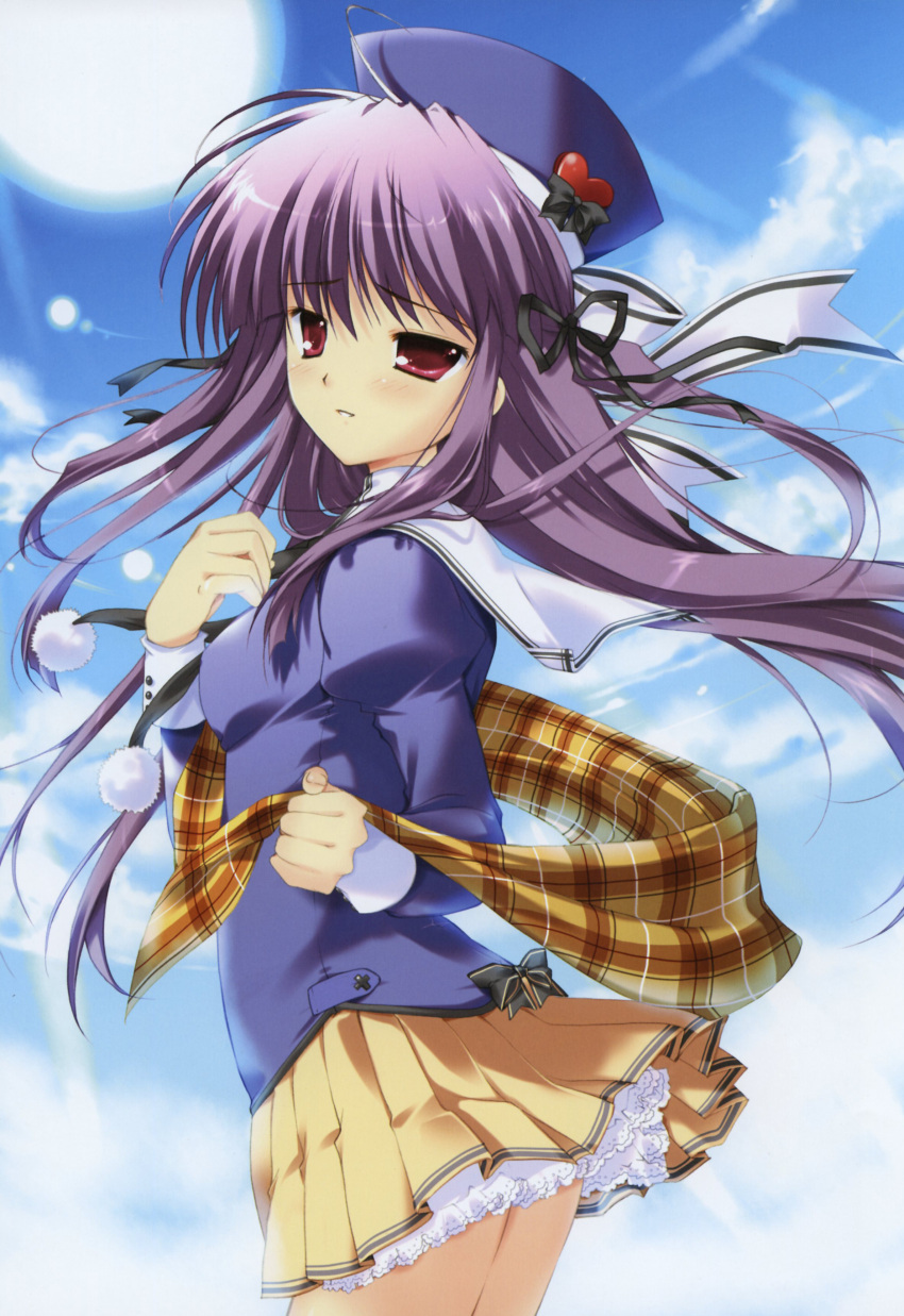 absurdres blush cloud exit_tunes hair_ribbon hat highres long_hair looking_at_viewer mikeou parted_lips plaid plaid_scarf pleated_skirt possible_duplicate prism_days purple_eyes purple_hair ribbon scarf school_uniform skirt skirt_lift sky solo violet_eyes wind_lift