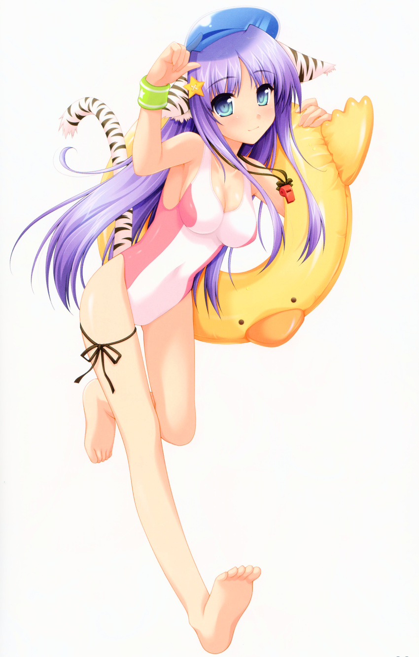 absurdres alpha_(artist) animal_ears barefoot blue_eyes breasts feet hat highres innertube long_hair one-piece_swimsuit original purple_hair ribbon scan scan_artifacts soles solo swimsuit tail thigh_ribbon tiger_ears tiger_tail wristband