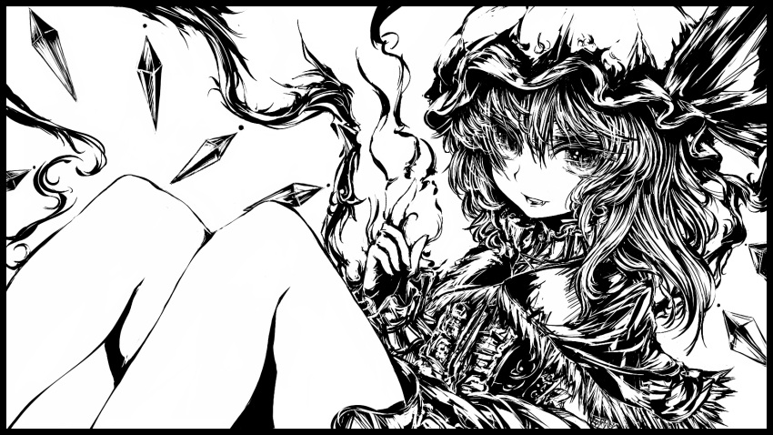 acryl bare_legs flandre_scarlet frills gem hat highres monochrome sitting solo touhou wings