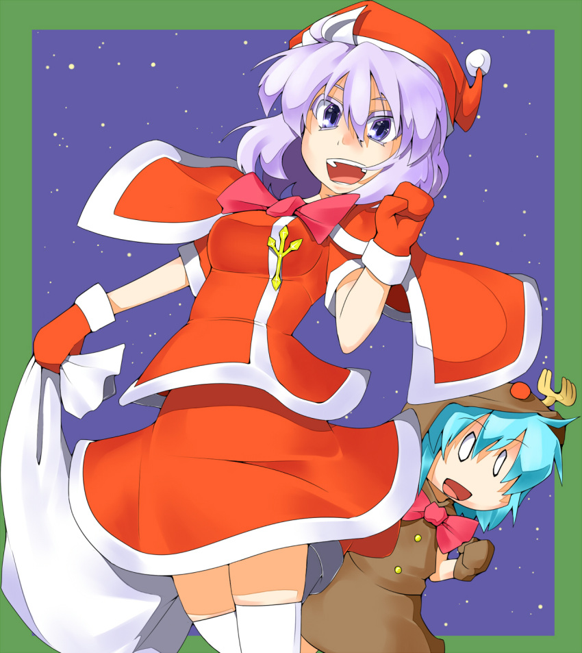 alternate_costume animal_costume blue_hair bow capelet futomashio gloves hat highres horns letty_whiterock multiple_girls open_mouth purple_eyes purple_hair santa_costume santa_hat short_hair short_sleeves thigh-highs thighhighs touhou violet_eyes white_legwear