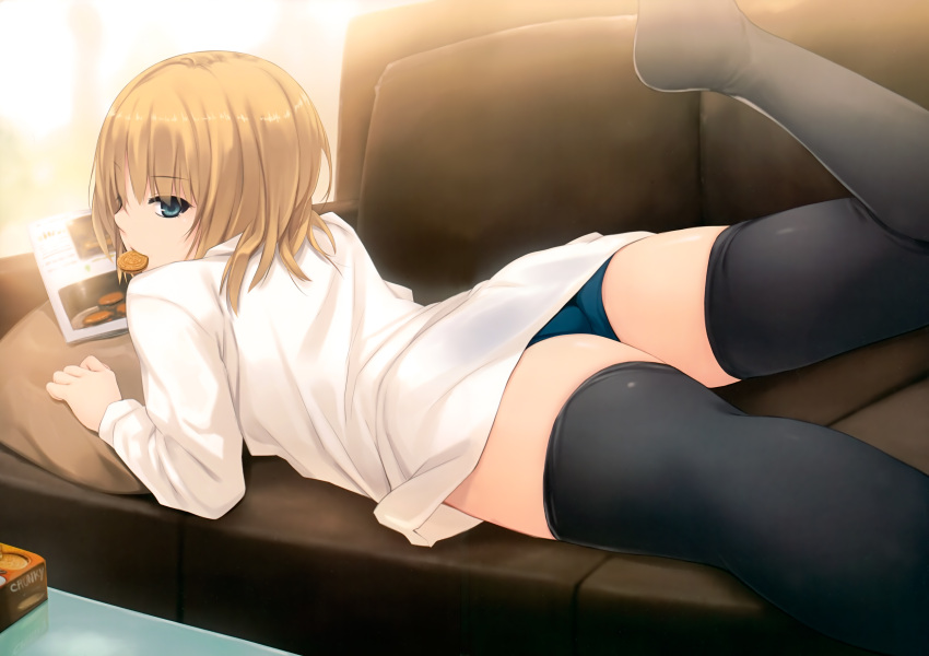 1girl absurdres ass black_legwear blonde_hair blue_eyes blue_panties coffee-kizoku cookie copyright_request female food highres looking_back lying mouth_hold on_stomach panties scan solo thigh-highs thighhighs underwear