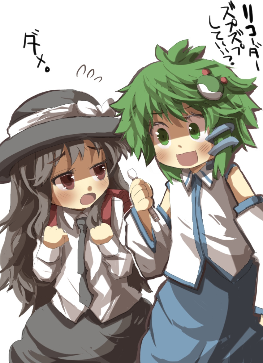 alternate_hair_length alternate_hairstyle backpack bag black_hair brown_eyes brown_hair detached_hair detached_sleeves dress_shirt frog_hair_ornament gaoo_(frpjx283) green_eyes green_hair hair_ornament hat highres instrument kochiya_sanae long_hair multiple_girls necktie open_mouth randoseru recorder shirt short_hair skirt smile snake touhou translated translation_request usami_renko