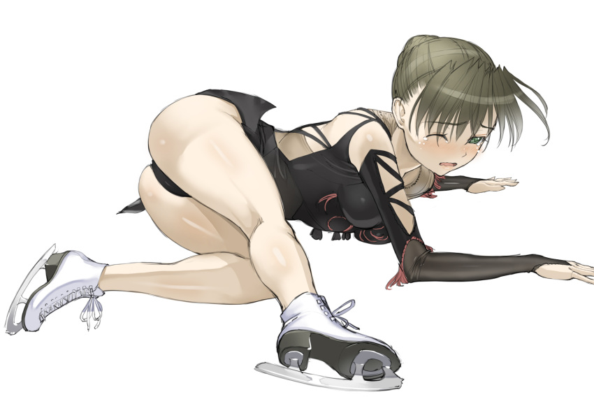1girl bangs bare_shoulders blush braid brown_hair character_request clumsy copyright_request fall figure_skating green_eyes hair_bun highres ice_skates legs nakaba_reimei skates solo tears thighs wince wink
