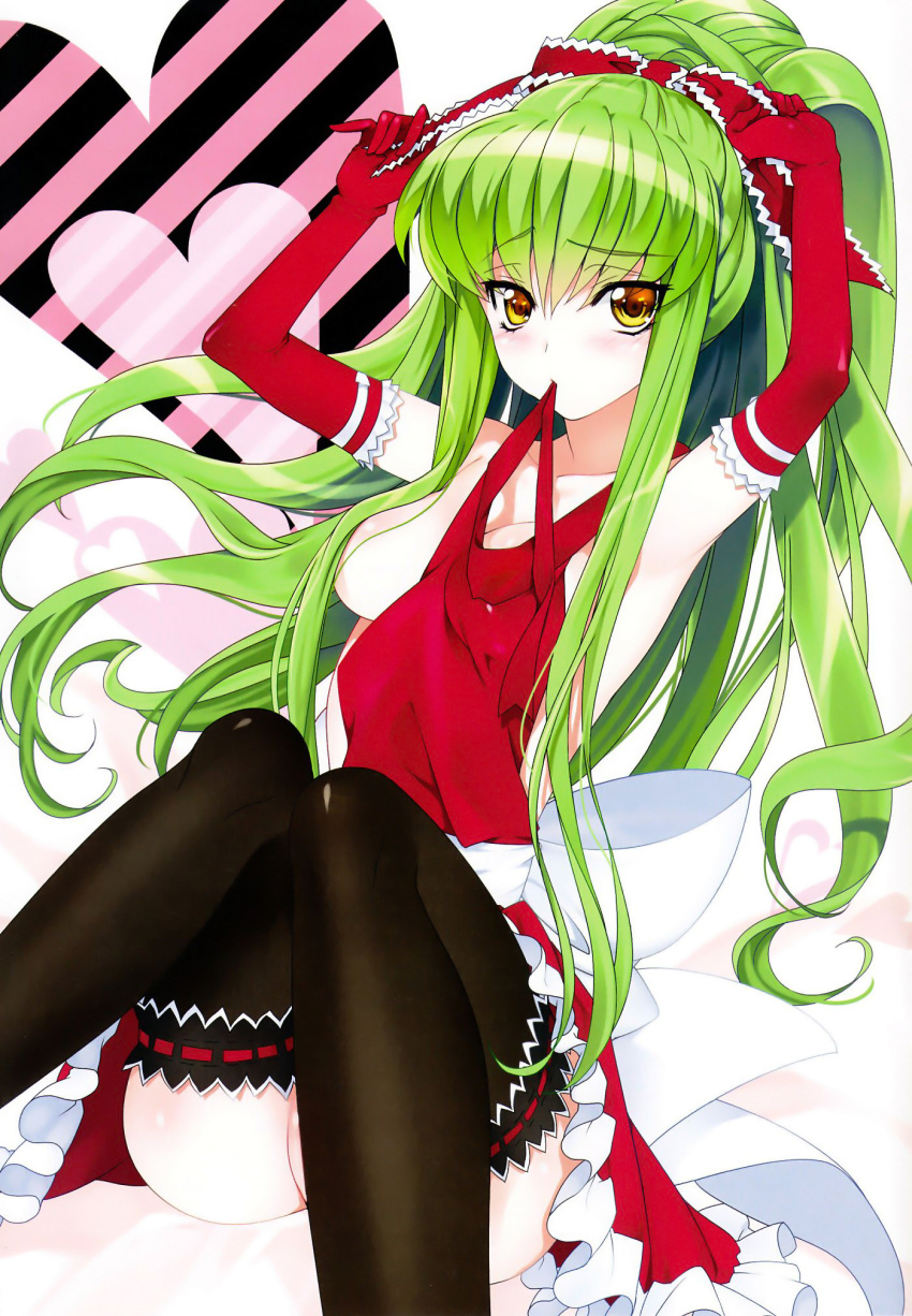 armpits arms_up bare_shoulders black_legwear breasts c.c. censor_hair cleavage code_geass convenient_leg creayus dress dutch_angle elbow_gloves gloves green_hair hair_ribbon heart highres jpeg_artifacts mouth_hold ponytail red_dress red_gloves ribbon scan sitting solo thigh-highs thighhighs tying_hair yellow_eyes