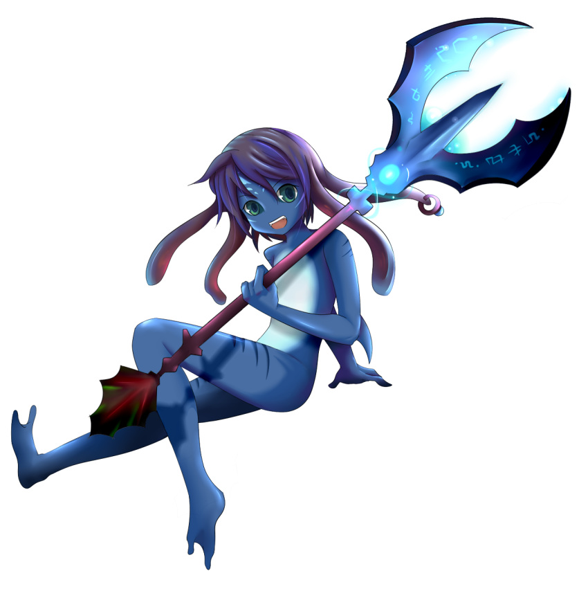 4ll aqua_eyes arm_support blue_skin creature fang fizz_(league_of_legends) highres league_of_legends male nude open_mouth polearm purple_hair short_hair trident weapon white_background