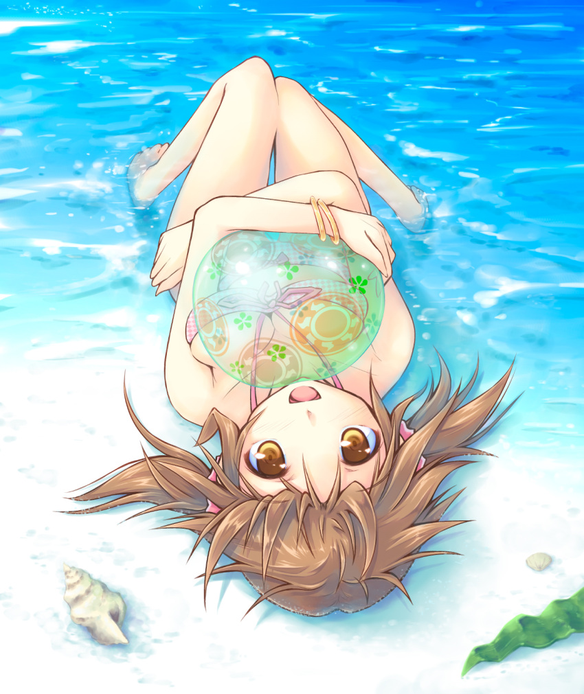 :d aoiya_soujirou ball barefoot beach beachball bikini bracelet brown_eyes brown_hair highres idolmaster idolmaster_cinderella_girls jewelry knees_together_feet_apart looking_at_viewer lying on_back open_mouth seashell shell short_twintails smile solo swimsuit totoki_airi twintails upside-down