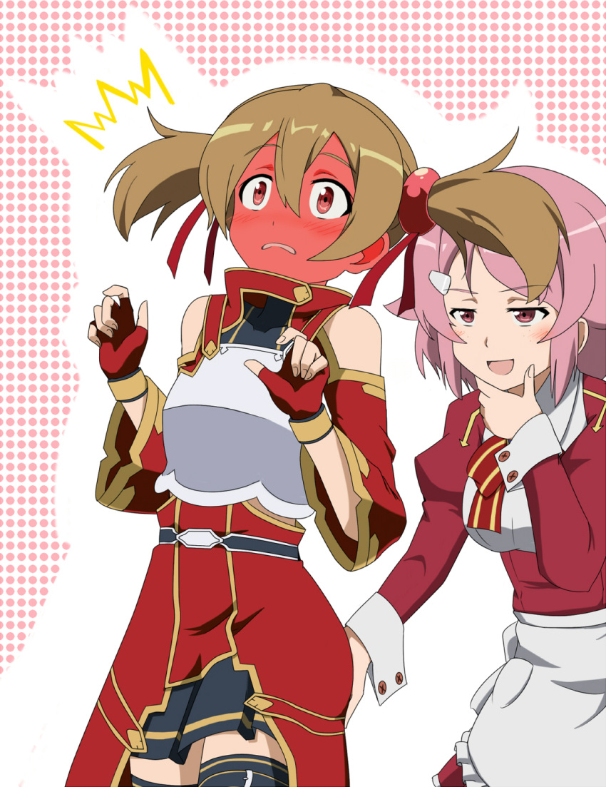 2girls apron ass ass_grab bare_shoulders blush breastplate breasts brown_hair dress fingerless_gloves freckles full-face_blush gloves highres kamelie lisbeth multiple_girls pink_eyes pink_hair red_eyes short_hair short_twintails silica skirt surprised sword_art_online thigh-highs thighhighs twintails