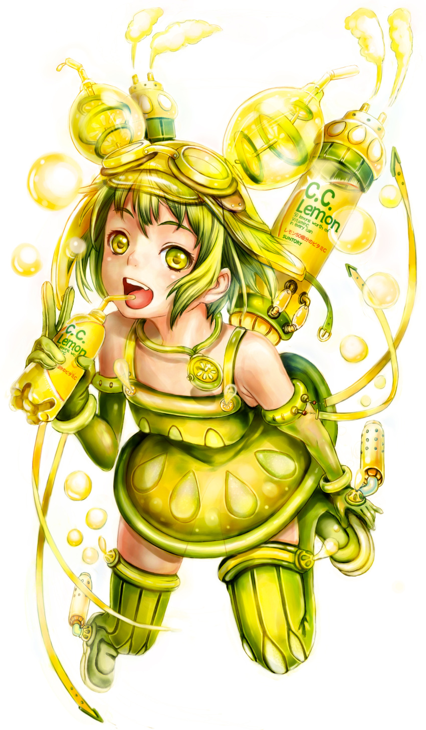 absurdres boots bubble c.c._lemon c.c._lemon_(character) dress gloves goggles goggles_on_head green_eyes green_hair green_legwear highres jewelry moemi_tobi necklace open_mouth short_hair simple_background solo steam straw thigh-highs thigh_boots thighhighs v white_background