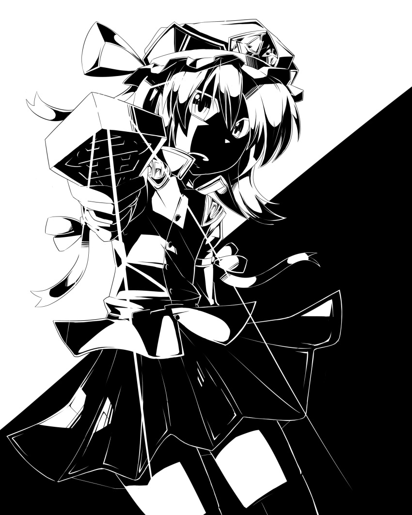 absurdres futomashio hat highres long_sleeves monochrome open_mouth puffy_sleeves rod_of_remorse shikieiki_yamaxanadu short_hair solo thigh-highs thighhighs touhou