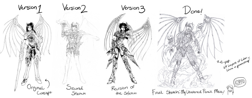 armor aura bone breasts claws comparison evolution eyepatch ghost gloves headgear highres lipstick long_hair makeup marci_miller mound_of_venus open_mouth original purple_hair rose_(dragoon) signature skull solo soul spandex teeth the_legend_of_dragoon tongue watermark wings
