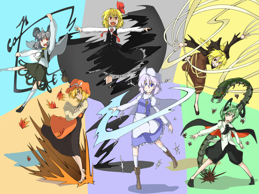 aki_minoriko animal animal_ears antennae apron basket blonde_hair blue_eyes brown_eyes cape capelet centipede dowsing_rod dual_wielding futomashio green_eyes green_hair grey_hair grin hair_ribbon hat highres insect jewelry kurodani_yamame leaf letty_whiterock long_hair long_sleeves maple_leaf mouse mouse_ears mouse_tail multiple_girls nazrin open_mouth orange_eyes outstretched_arms pendant ponytail purple_hair red_eyes ribbon rumia smile snowflakes tail touhou wriggle_nightbug