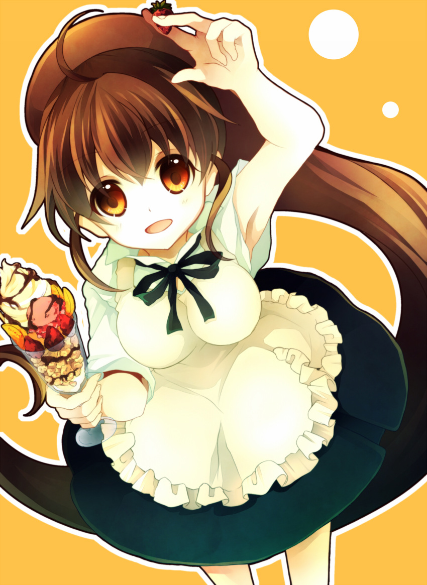 1 1girl arm_up armpits breasts brown_eyes brown_hair food fruit hanahubuki1991 highres large_breasts long_hair looking_at_viewer parfait ponytail simple_background solo strawberry taneshima_popura very_long_hair waitress working!!