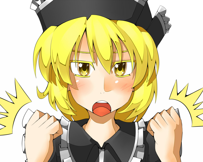 blonde_hair blush clenched_hands futomashio hat lunasa_prismriver open_mouth short_hair solo touhou white_background yellow_eyes