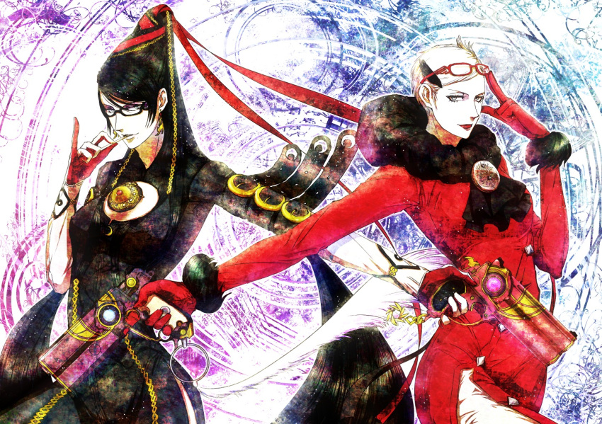 bayonetta bayonetta_(character) belt black-framed_glasses black_hair blue_eyes bodysuit candy chain chains cleavage_cutout earrings eyeshadow glasses glasses_on_head grey_eyes gun heart jeanne_(bayonetta) jewelry lipstick lollipop long_hair looking_at_viewer makeup multiple_girls pinky_out pistol red-framed_glasses red_ribbon ribbon seitsuji short_hair weapon