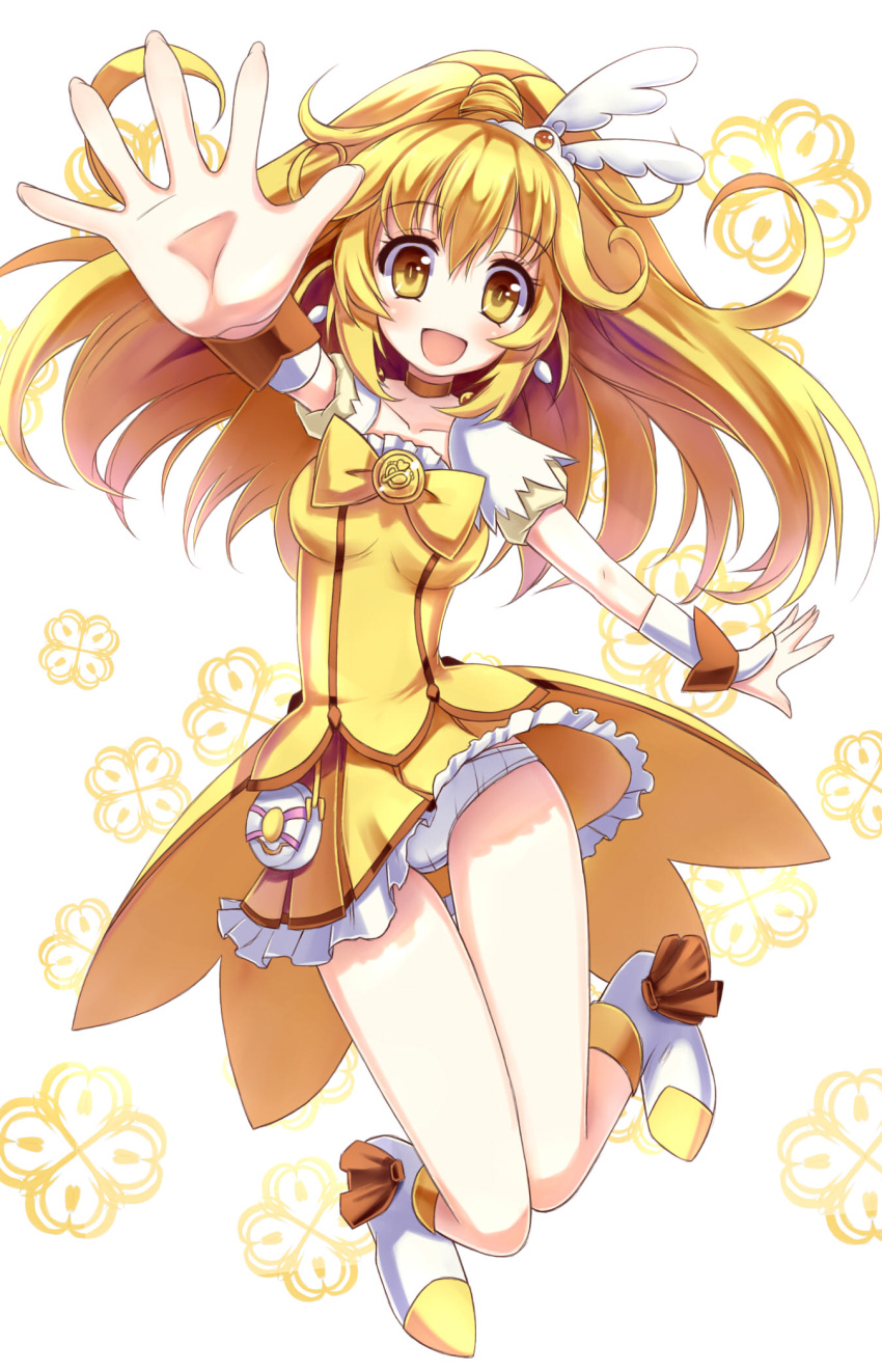 arm_up blonde_hair bowtie brooch choker cure_peace dress highres hoshi_no_gen jewelry kise_yayoi long_hair magical_girl no_nose panties precure shoes skirt smile smile_precure! solo underwear white_panties wrist_cuffs yellow yellow_dress yellow_eyes