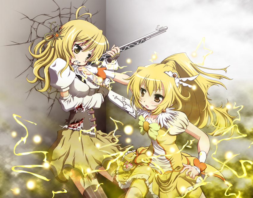 battle black_legwear blonde_hair blood blush color_connection corset crossover cure_peace dress electricity fighting fingerless_gloves gloves gun injury kise_yayoi long_hair magic_rifle magical_girl magical_musket mahou_shoujo_madoka_magica multiple_girls open_mouth ponytail precure sakuraebi_chima skirt smile_precure! thigh-highs thighhighs tiara tomoe_mami torn_clothes weapon yellow_eyes