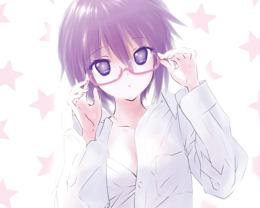 adjusting_glasses akahige dress_shirt glasses nagato_yuki purple_eyes purple_hair shirt short_hair suzumiya_haruhi_no_yuuutsu white