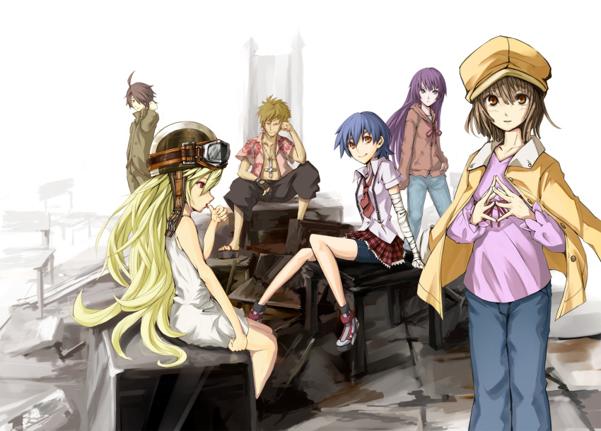 bakemonogatari barefoot cabbie_hat desk goggles hat helmet highres kanbaru_suruga monogatari_(series) oshino_meme oshino_shinobu sengoku_nadeko senjougahara_hitagi yato