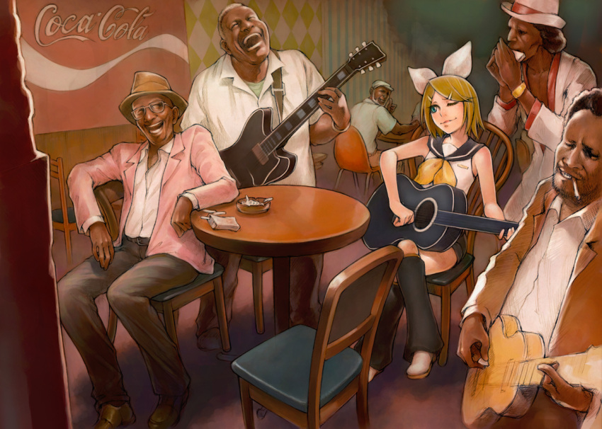 blonde_hair bow cigarette coca-cola crossed_legs dark_skin electric_guitar glasses guitar hanji_(hansi) harmonica hat instrument kagamine_rin laughing leg_warmers shinichi_tahara sitting smile vocaloid wink