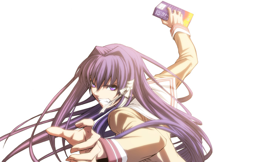 bad_id book clannad face fujibayashi_kyou fumei imizu_(nitro_unknown) long_hair purple purple_eyes purple_hair ribbon school_uniform seifuku wallpaper white