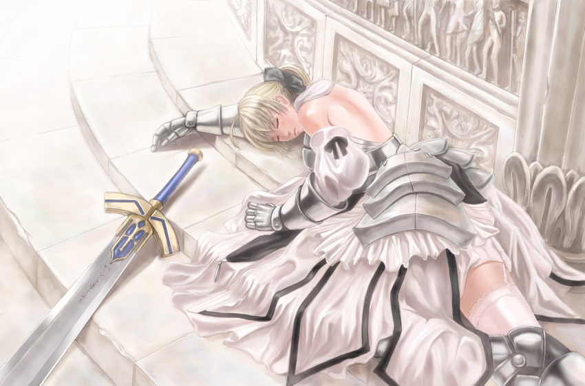 armor armored_dress back blonde_hair closed_eyes dress excalibur fate/stay_night fate/unlimited_codes fate_(series) lying mimura_kaoru ponytail realistic saber saber_lily sleeping solo sword thighhighs weapon