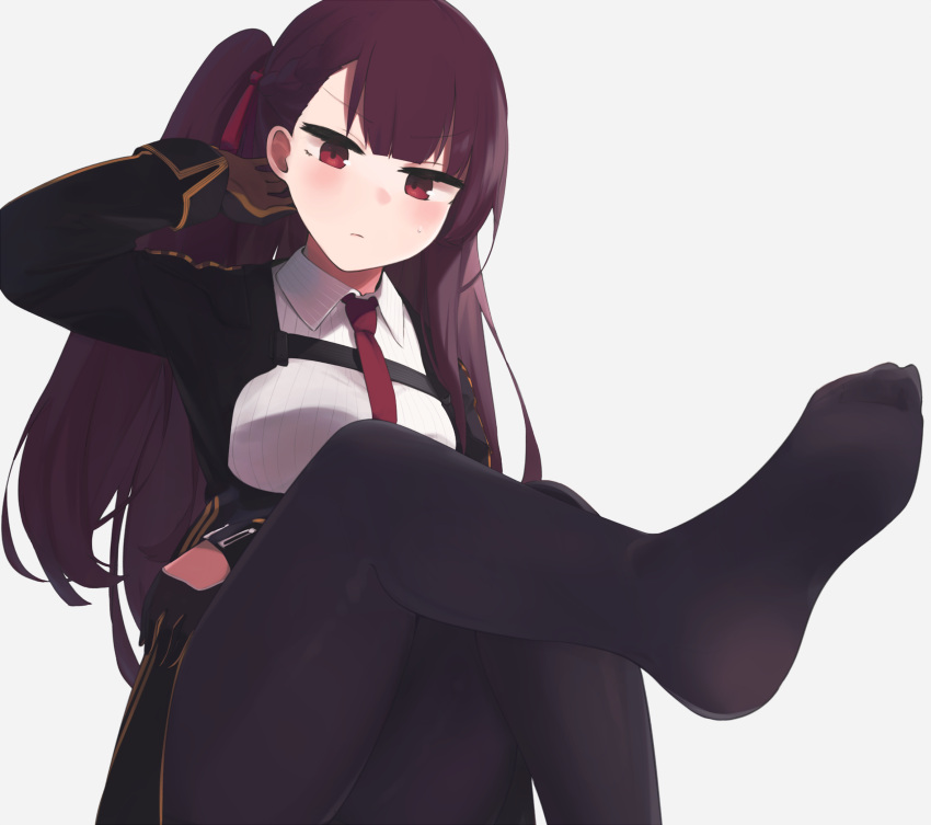 1girl black_gloves blush braid breasts closed_mouth eyebrows_visible_through_hair feet foot_focus foot_out_of_frame framed_breasts french_braid girls_frontline gloves hair_ornament hair_ribbon hairclip hand_in_hair highres hinami047 jacket long_hair looking_at_viewer necktie no_shoes one_side_up pantyhose purple_hair red_eyes red_neckwear red_ribbon ribbon side_ponytail sitting soles solo sweatdrop wa2000_(girls'_frontline) white_background