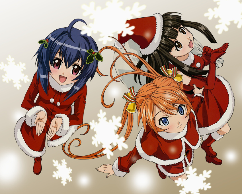 3girls blue_eyes blush boots brown_eyes brown_hair capelet christmas gloves hair_ornament hat kagurazaka_asuna konoe_konoka long_hair long_sleeves mahou_sensei_negima miyazaki_nodoka orange_hair shoes short_hair smile snowflake tagme twintails