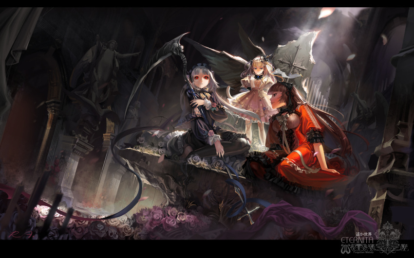 3girls alphonse alphonse_(white_datura) choker clotho_(eternita) cross dark dress eternita highres multiple_girls proserpina_(eternita) pyrra red_eyes scythe statue wallpaper