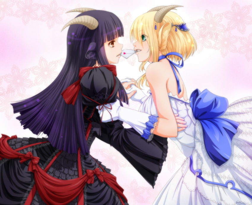 2girls bare_shoulders black_hair blonde_hair brown_eyes dress ears gloves green_eyes highres holding_hand horns long_hair mnjs mouth_hold multiple_girls original short_hair