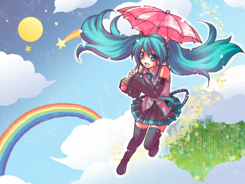 blue_eyes blue_hair blush boots detached_sleeves happy hatsune_miku kousetsu long_hair melt_(vocaloid) moon necktie open_mouth rain rainbow shooting_star skirt star thighhighs twintails umbrella umbrella_riding vocaloid wallpaper zettai_ryouiki