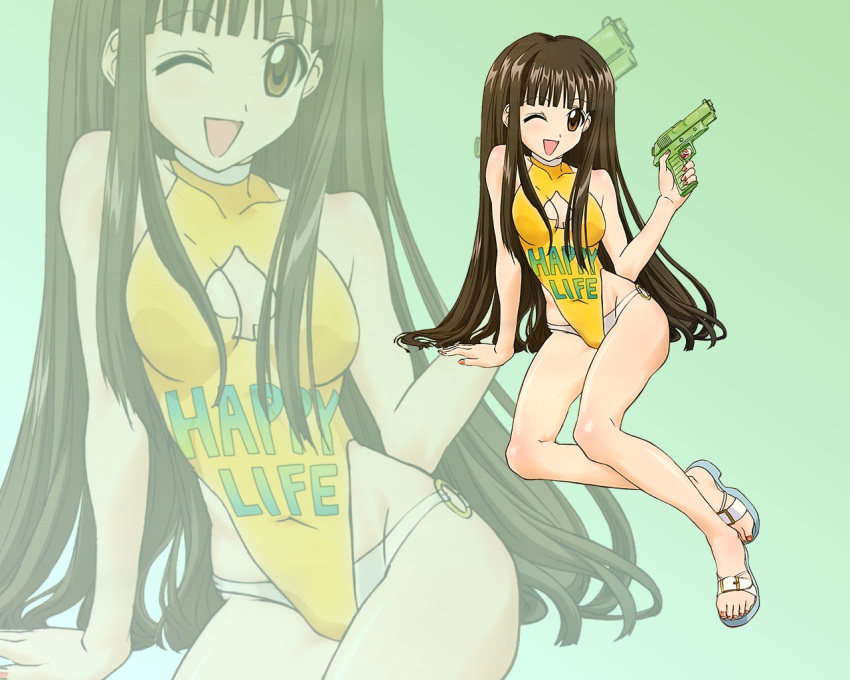 1girl bikini brown_eyes brown_hair casual_one-piece_swimsuit cleavage cleavage_cutout gun konoe_konoka long_hair mahou_sensei_negima! nail_polish one-piece_swimsuit sandals solo spade swimsuit toenail_polish wallpaper water_gun wink zoom_layer