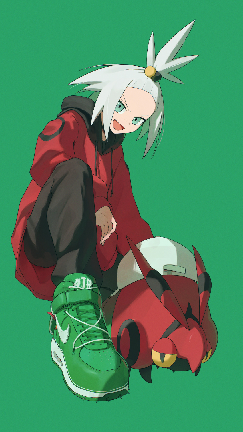 1girl :d absurdres alternate_costume commentary commentary_request green_background green_eyes green_shoes hair_bobbles hair_ornament happy highres hood hood_down hoodie long_sleeves medium_hair odd_(hin_yari) open_mouth pants pokemon pokemon_(creature) pokemon_bw2 roxie_(pokemon) shoes simple_background smile squatting tassel tongue topknot venipede white_hair