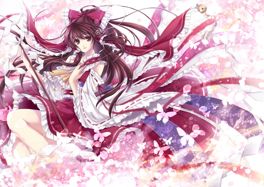 bell bow brown_eyes brown_hair butterfly detached_sleeves embellished_costume frills gohei hagiwara_rin hair_bow hair_ribbon hakurei_reimu hand_on_own_chest japanese_clothes jingle_bell long_hair miko open_mouth ribbon smile solo touhou