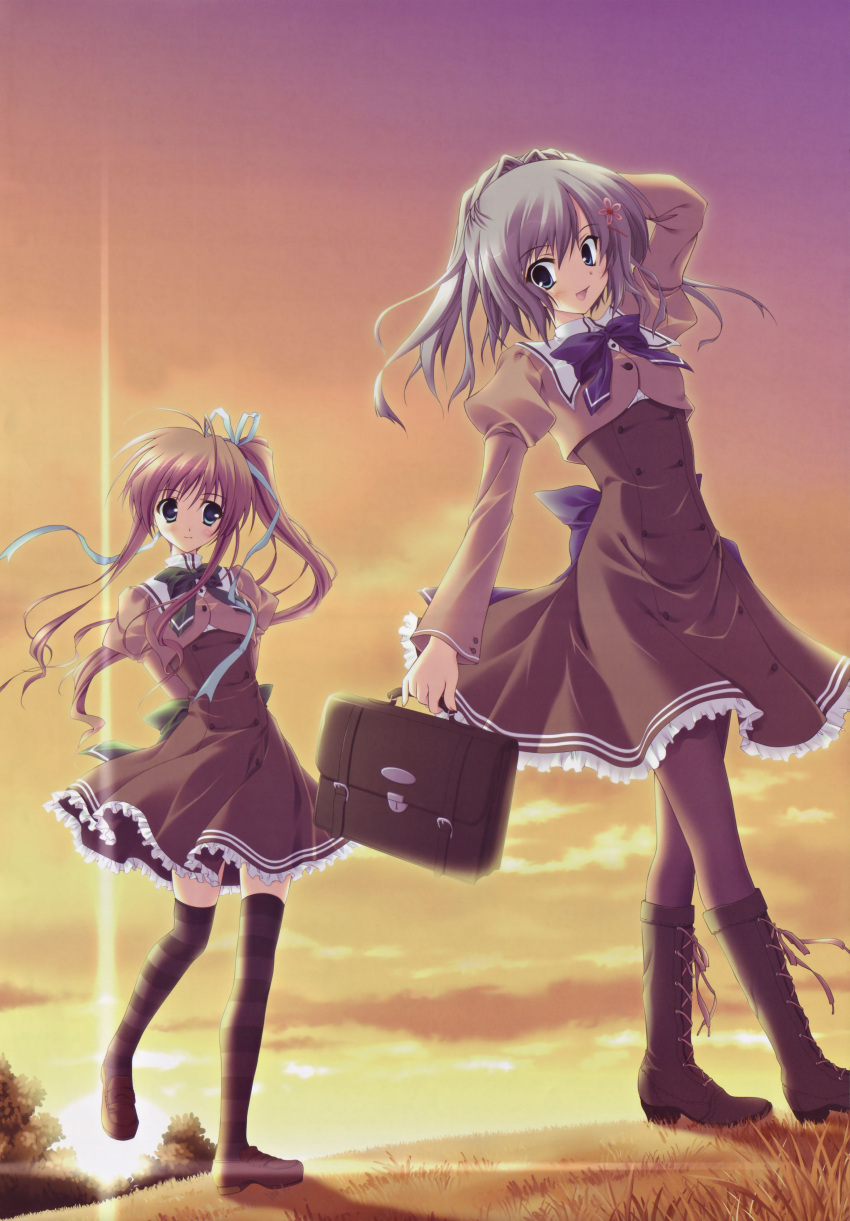 blush boots bow highres pantyhose seifuku skirt striped_thigh_highs thigh_highs uniform yuri