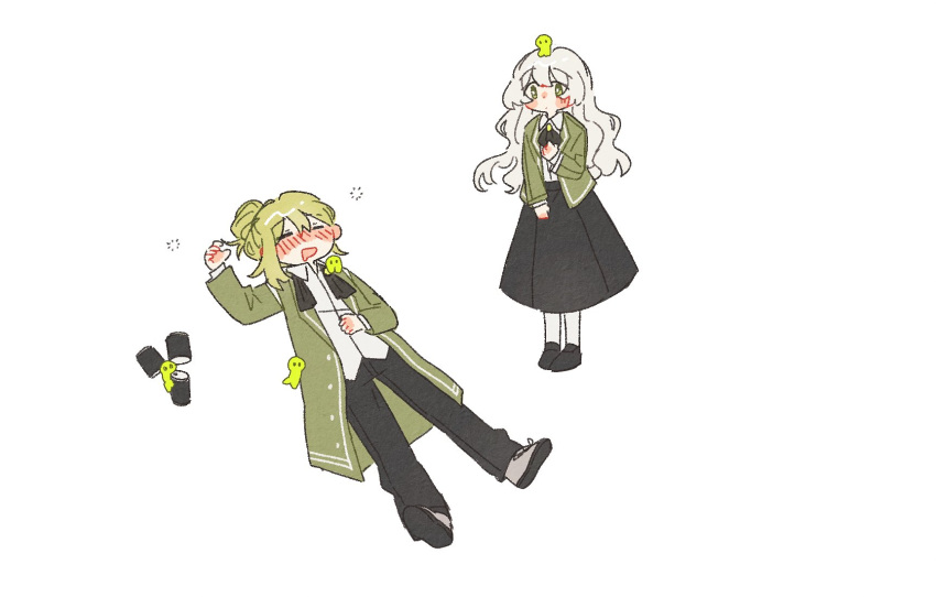 1boy 1girl ascot black_ascot black_shoes black_skirt blush can closed_eyes coat collared_shirt dress_shirt drooling drunk floor_of_art's_glowing_creature full_body green_coat green_eyes green_hair green_jacket grey_shoes hair_bun hand_on_own_stomach highres jacket keicorporationz lapels library_of_ruina long_hair long_skirt looking_at_another lying mouth_drool netzach_(project_moon) nugget_(project_moon) oc_x_canon on_back original project_moon shirt shirt_tucked_in shoes simple_background single_hair_bun skirt squeans standing undone_ascot untucked_shirt white_background white_hair white_shirt