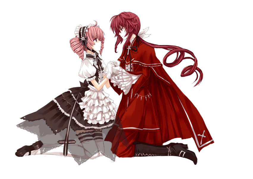 bad_id boots cantarella_(vocaloid) drill_hair gloves hairband holding_hands kanjuku_pain kasane_ted kasane_teto kneeling long_hair pink_hair ponytail red_eyes red_hair simple_background spanish_inquisition twintails utau vocaloid white