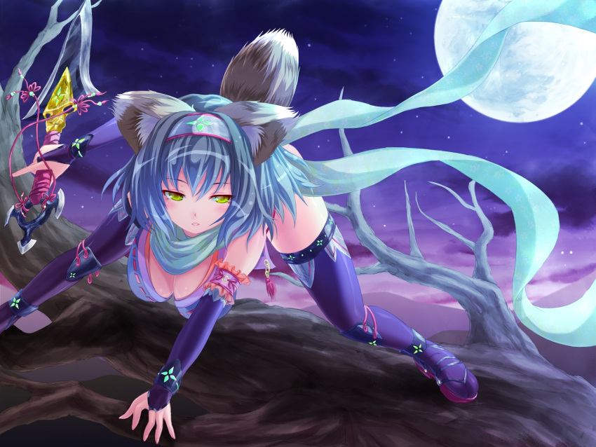 bad_id blue_hair breasts bridal_gauntlets cabbaco character_request cleavage hairband highres moon neon_trim night ninja scarf solo source_request sword tail thighhighs tree wallpaper weapon wolf wolf_ears wolf_tail yellow_eyes