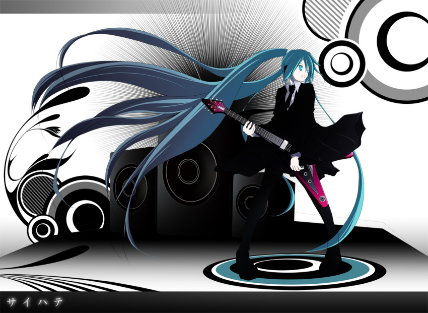 aqua_eyes aqua_hair bad_id formal guitar hatsune_miku headphones instrument long_hair mihuni necktie pantyhose saihate_(vocaloid) skirt skirt_suit solo speaker suit twintails very_long_hair vocaloid