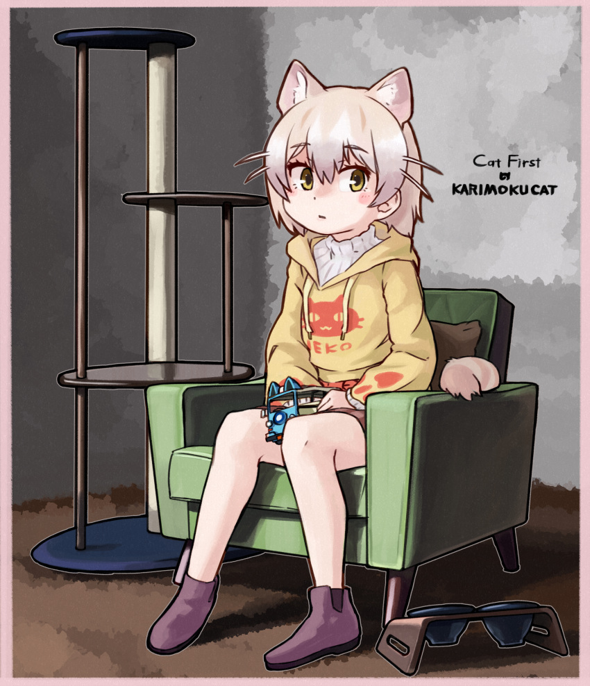 animal_ears boots brown_footwear brown_skirt casual cat_(kemono_friends) cat_day cat_ears cat_girl cat_tail cat_tower chair commentary_request eyebrows_visible_through_hair highres hood hood_down hoodie japari_symbol kemono_friends kemono_friends_3 light_brown_hair long_sleeves multicolored_hair official_alternate_costume plaid plaid_skirt pleated_skirt short_hair sitting skirt sweater tail toriny turtleneck white_hair white_sweater yellow_eyes yellow_hoodie
