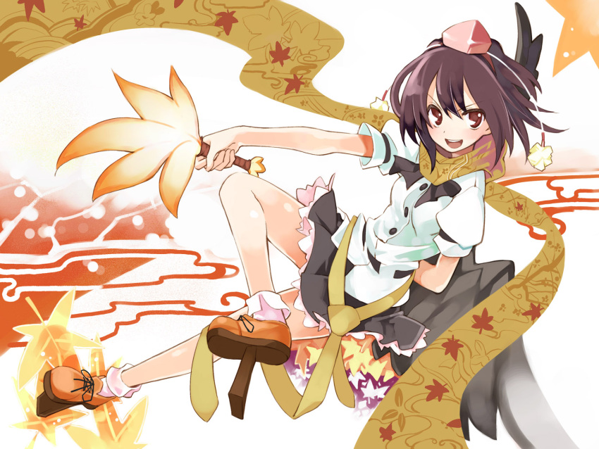 blush highres scarf shameimaru_aya short_hair skirt solo tengu-geta touhou ushiki_yoshitaka wallpaper