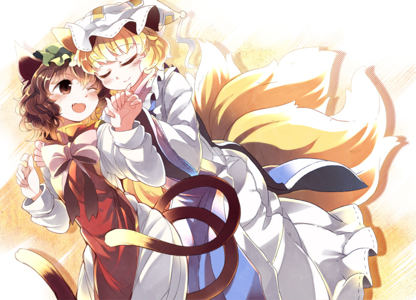 2girls animal_ears blonde_hair blush brown_eyes brown_hair cat_ears cat_tail chachi_(azuzu) chen closed_eyes fox_ears fox_tail hat holding_hands multiple_girls multiple_tails open_mouth short_hair smile tabard tail touhou wink yakumo_ran