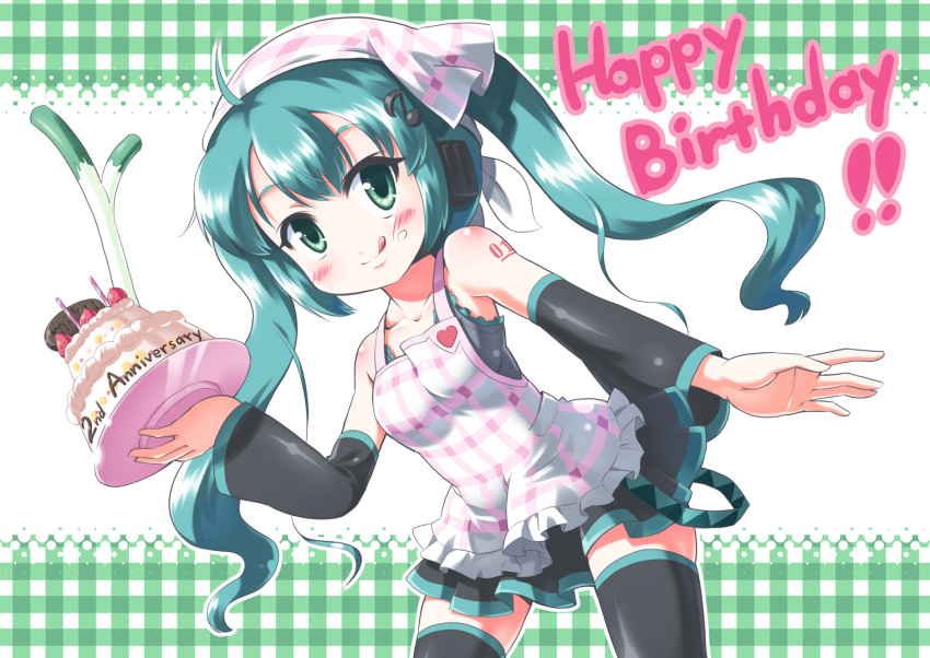 1girl :q ahoge apron aqua_hair bad_id birthday blush cake candle detached_sleeves food fruit green_eyes hatsune_miku long_hair morujii pastry skirt solo spring_onion strawberry thighhighs tongue twintails vocaloid
