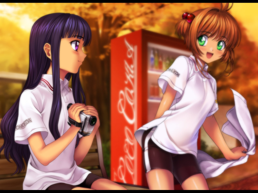 2girls bike_shorts black_hair blurry brand_name_imitation brown_hair camcorder camera card_captor_sakura cardcaptor_sakura coca-cola daidouji_tomoyo depth_of_field green_eyes gym_uniform hair_bobbles hair_ornament kinomoto_sakura long_hair moonknives multiple_girls mutsuki_(moonknives) open_mouth purple_eyes shiny shiny_skin short_hair short_twintails smile towel twintails vending_machine