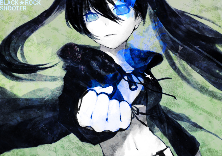 bikini_top black_hair black_rock_shooter black_rock_shooter_(character) blue_eyes bust clenched_hand fist flat_chest foreshortening glowing glowing_eyes hands jacket long_hair looking_at_viewer navel open_jacket pale_skin solo takekono twintails uneven_twintails