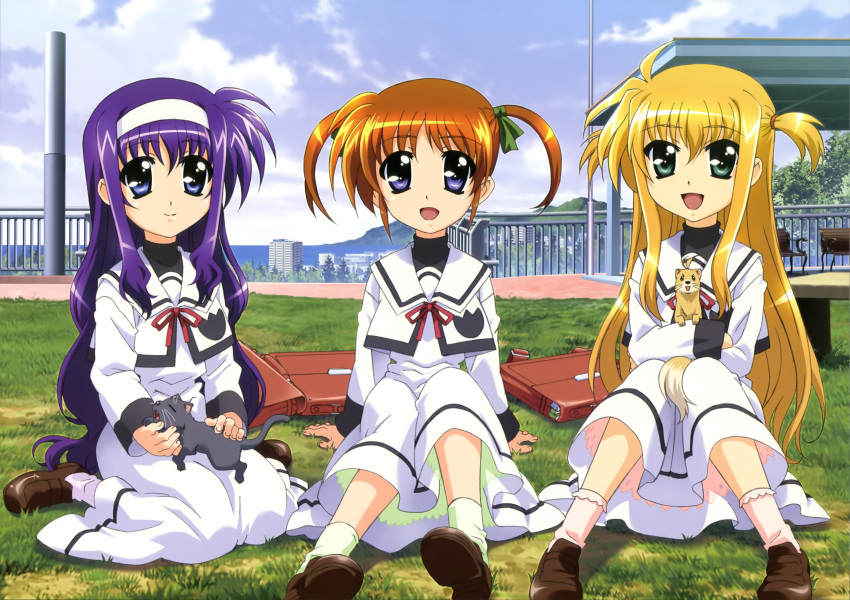 absurdres alisa_bannings arisa_bannings blonde_hair blue_eyes bow brown_hair cat cloud ferret grass green_eyes highres long_hair mahou_shoujo_lyrical_nanoha multiple_girls nyantype open_mouth purple_eyes purple_hair school_uniform seifuku short_hair sitting sky socks takamachi_nanoha tsukimura_suzuka twintails very_long_hair yuuno_scrya