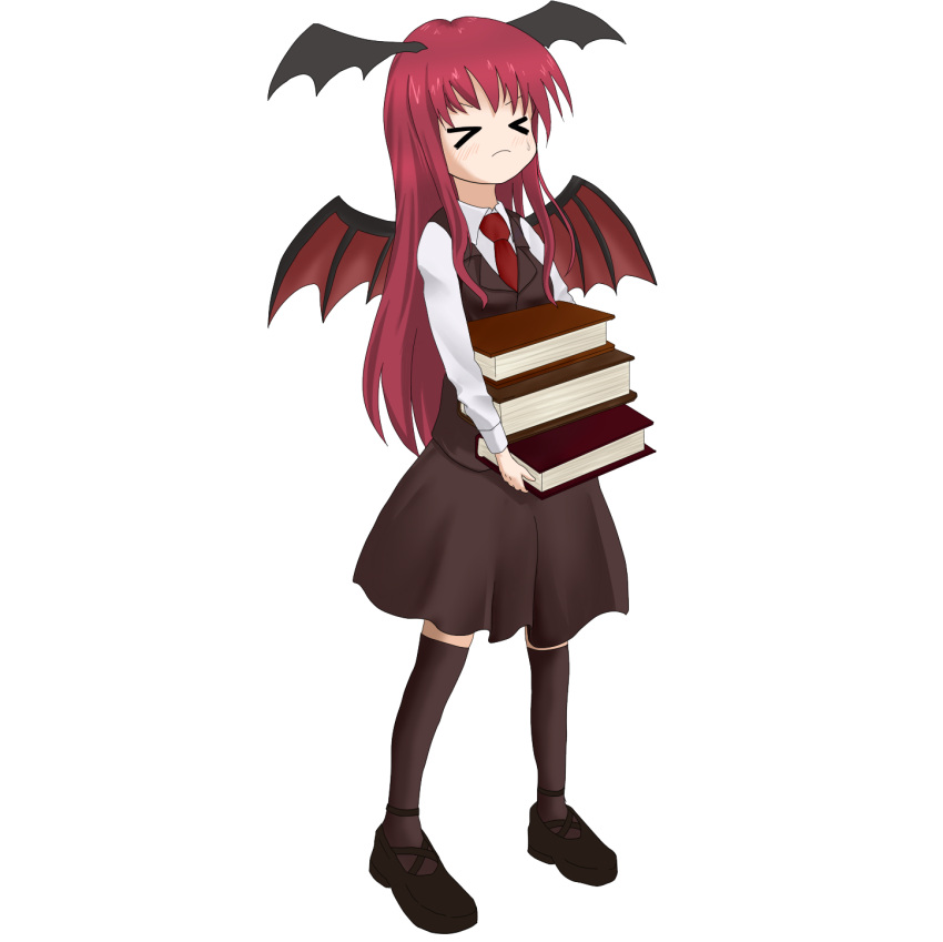 artist_request bad_id bat_ears book head_wings headwings highres koakuma red_hair thighhighs touhou transparent_background wings